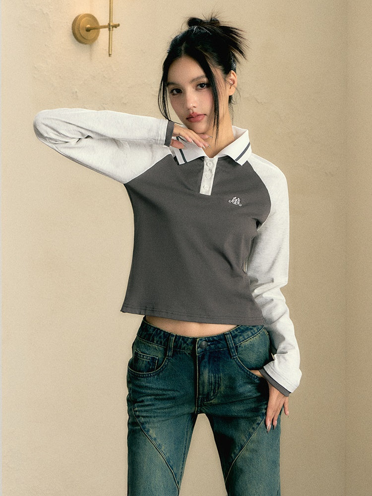 Embroidery Casual Polo Collar Long-sleeved Top