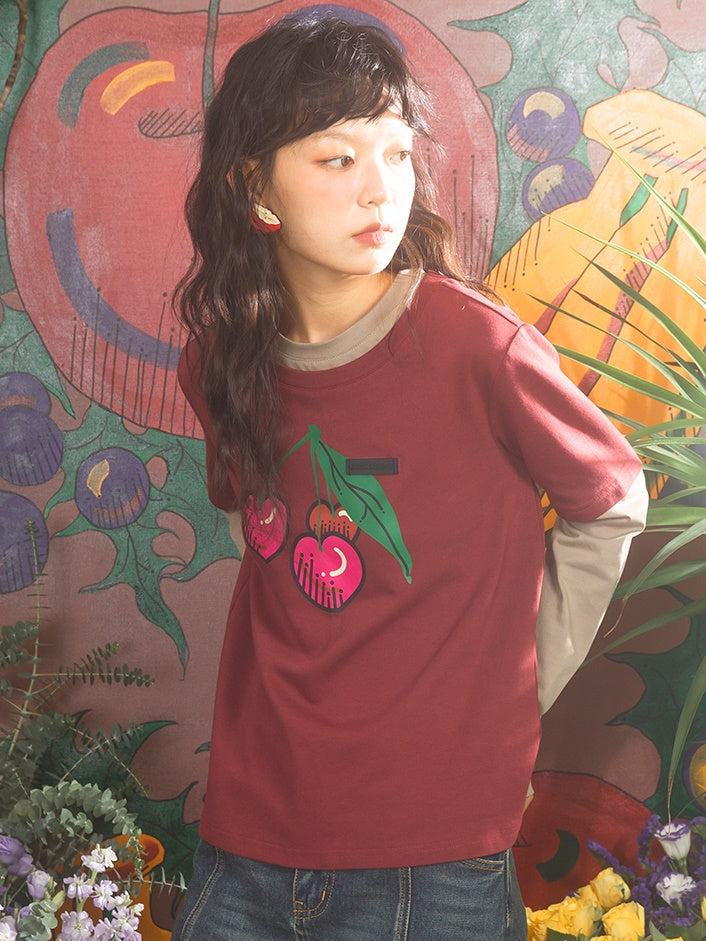 Cherry Print Fake Layered Long-sleeved T-shirts