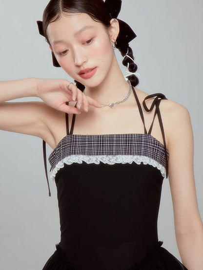 Grid Stitch Lace Embroidered Suspender Dress