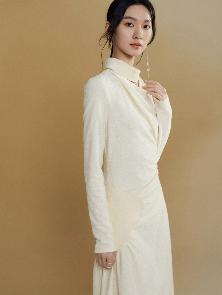 Gathered Spliced Swing Collar Dress