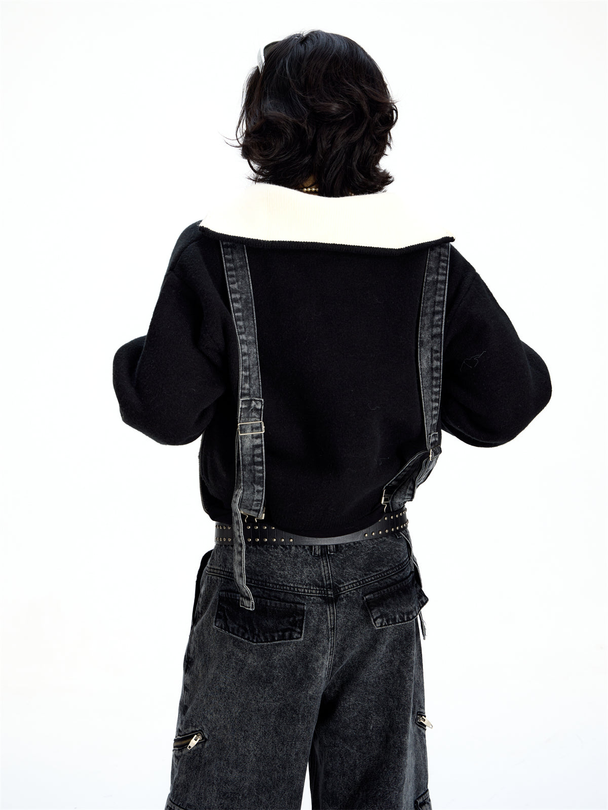 Retro Suspender Design Stitching Denim Pants