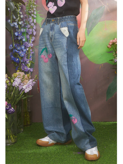 Pantalon de denim de couture à contraste à imprimé cerisier