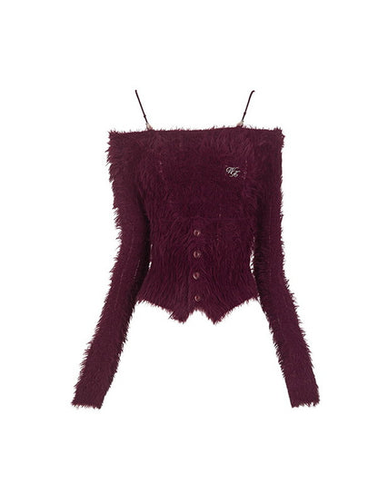 Fluffily Off-Shoulder Strap Mohair-Knit