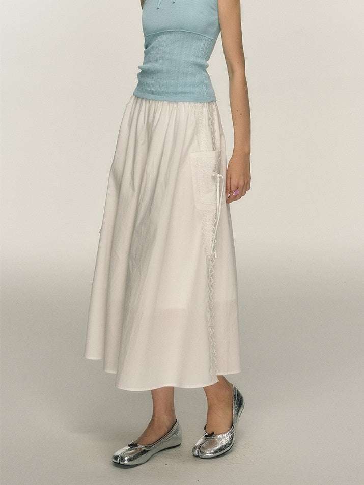 Side Lace Stitch Long Gather Skirt