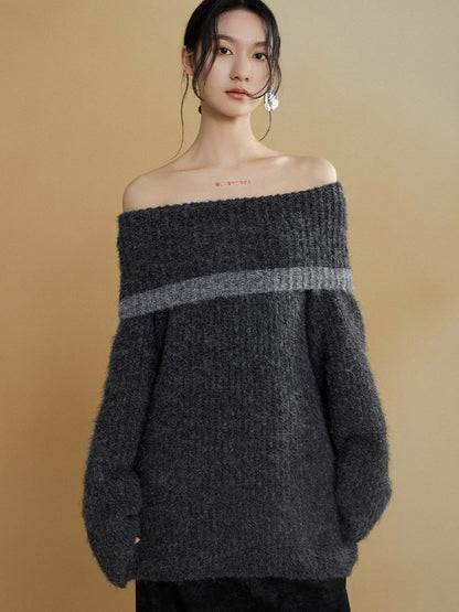 Large Lapel Contrasting Off-Shoulder Sweater