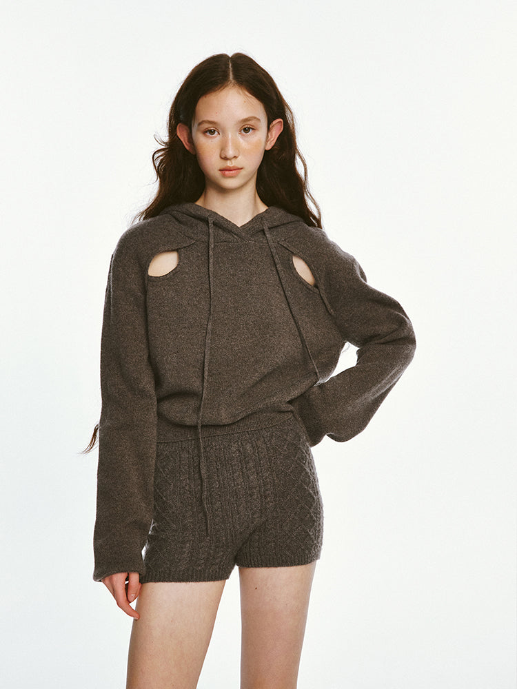 Sporty Cut-out Design Knitted Hoodie &amp; Short Pants