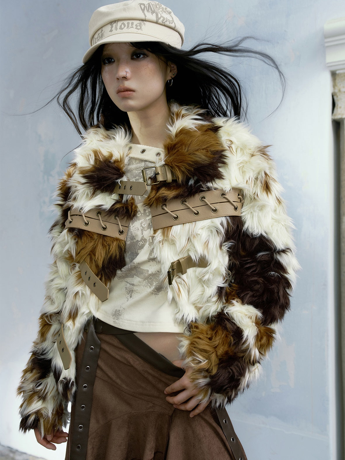 Color-blocked Strap Design Short Fur Coat