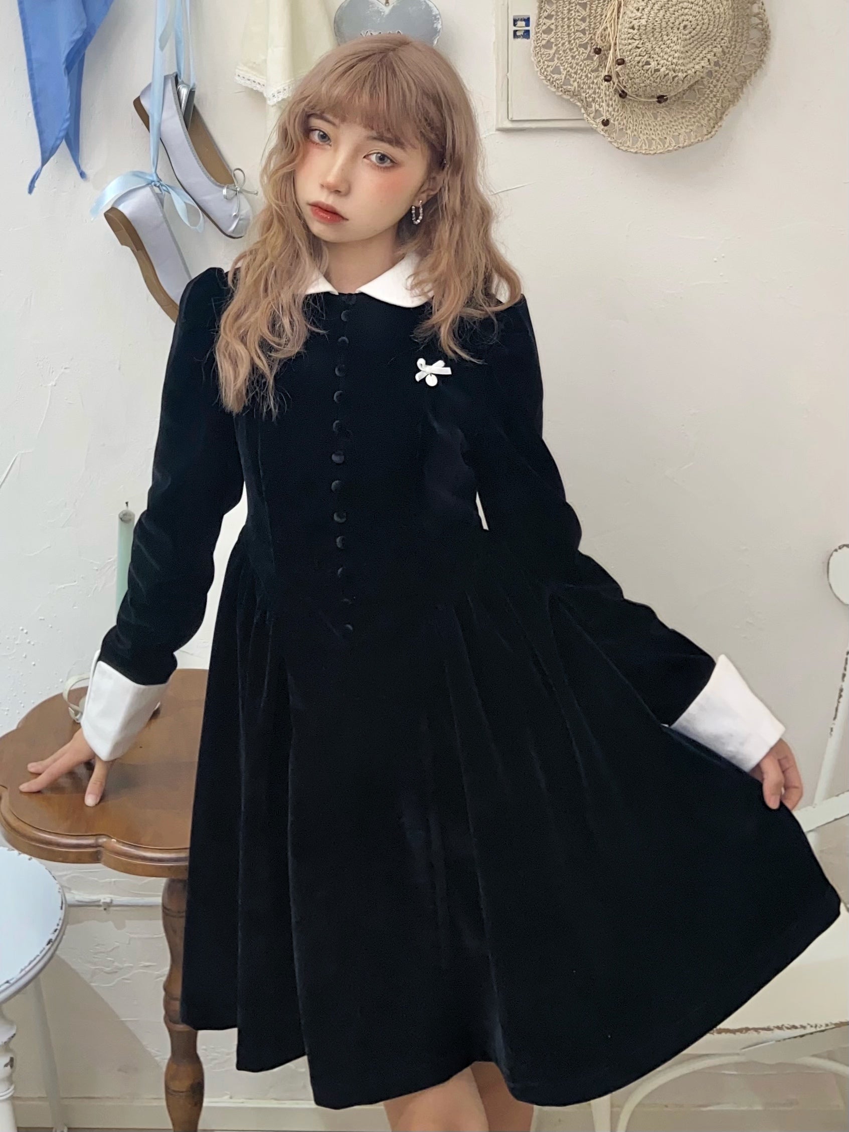 Velvet Puff Sleeves Doll Dress