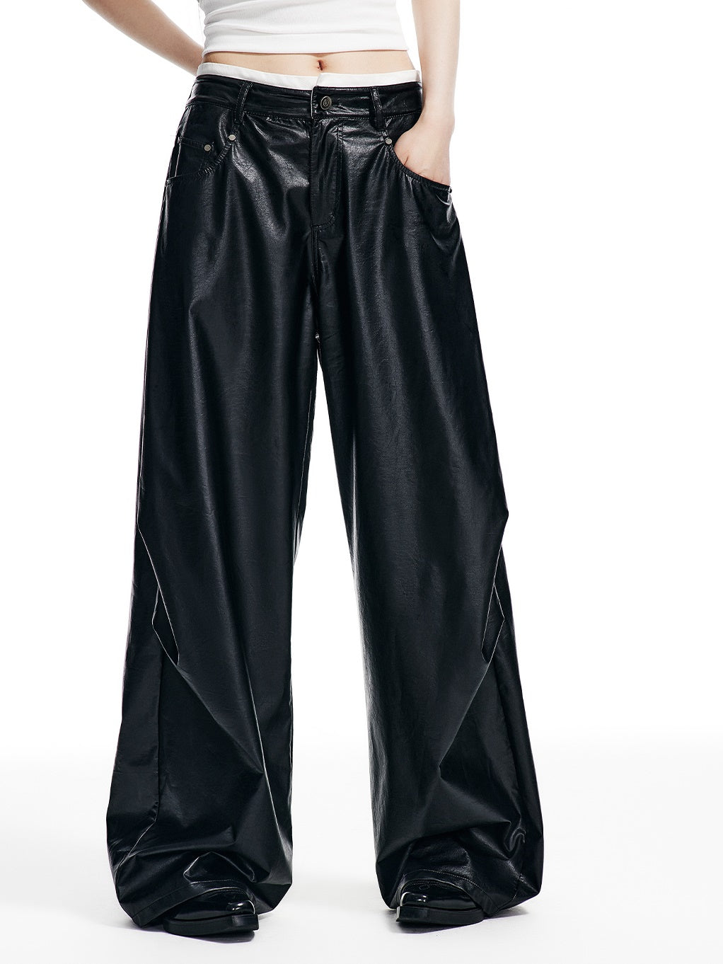 Oil Leather Street Wide-leg Trousers