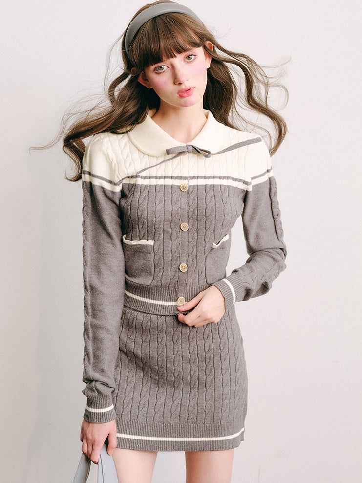 Polo Collar Knitted Sweater ＆ Cable Mini Skirt