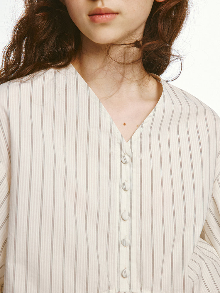 Embroidered Cuffs Striped V-neck Shirt