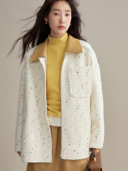 Colorful Dots PU Leather Collar Tweed Taste Jacket