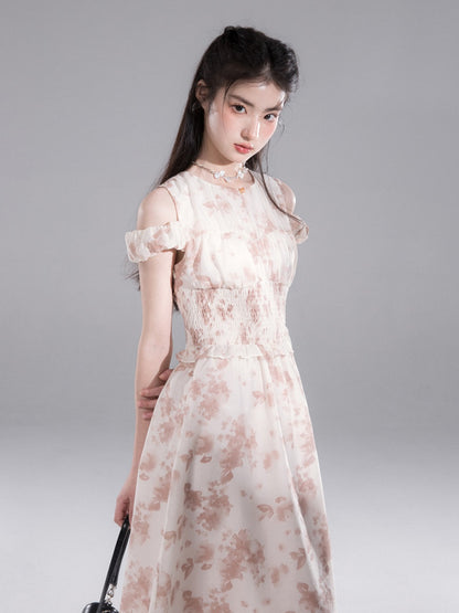 Rose Layered Print Waist Shape Dress