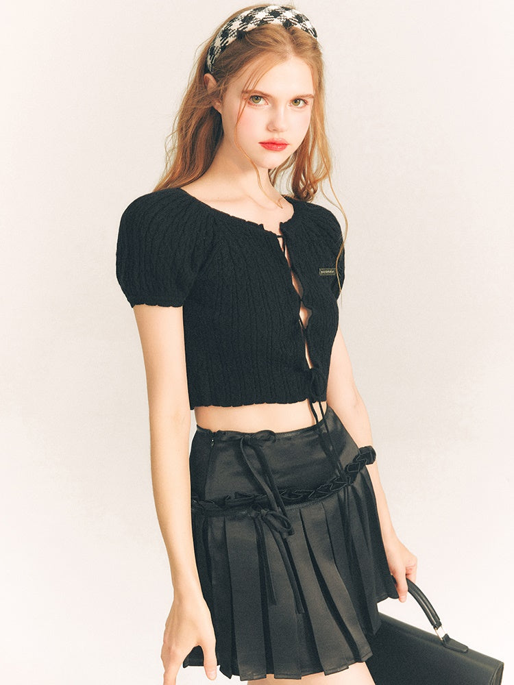 Lace-Up Short Sleeve Cropped Knit