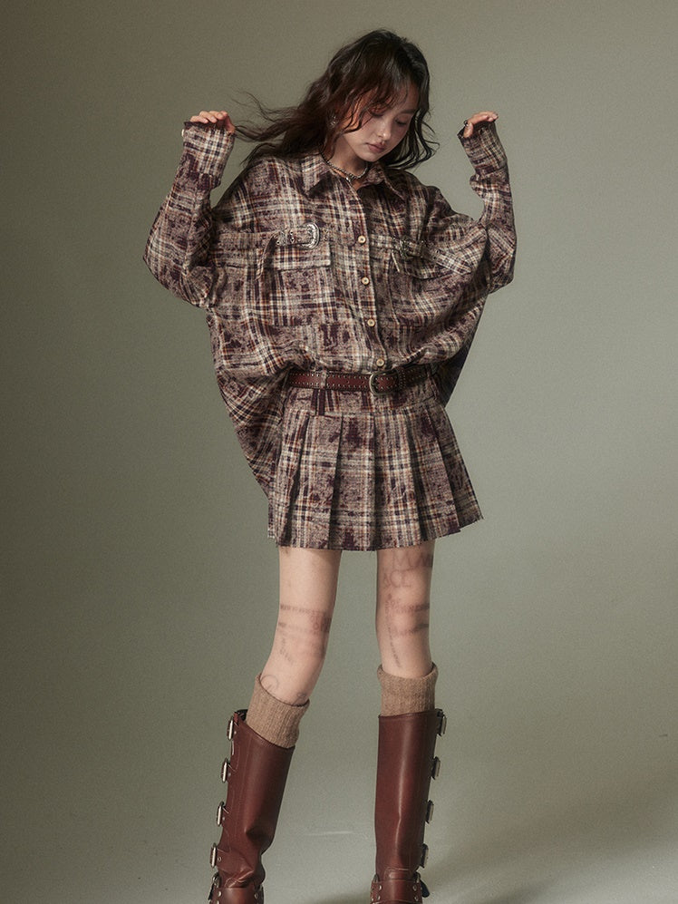 Plaid Loose Long Sleeve Shirt ＆ Pleated Skirt