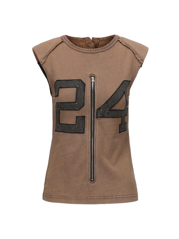 Zip Number No-Sleeve Retro Tops