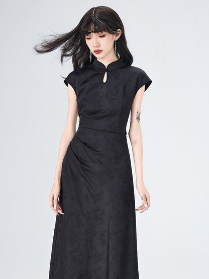 Chinese Style Side Drape French Sleeve Long Dress