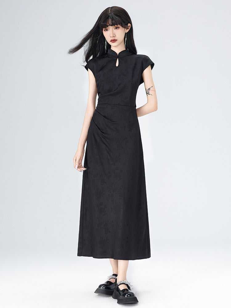 Chinese Style Side Drape French Sleeve Long Dress