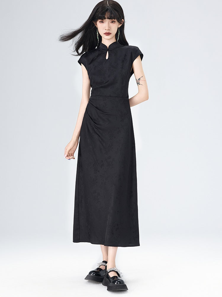 Chinese Style Side Drape French Sleeve Long Dress