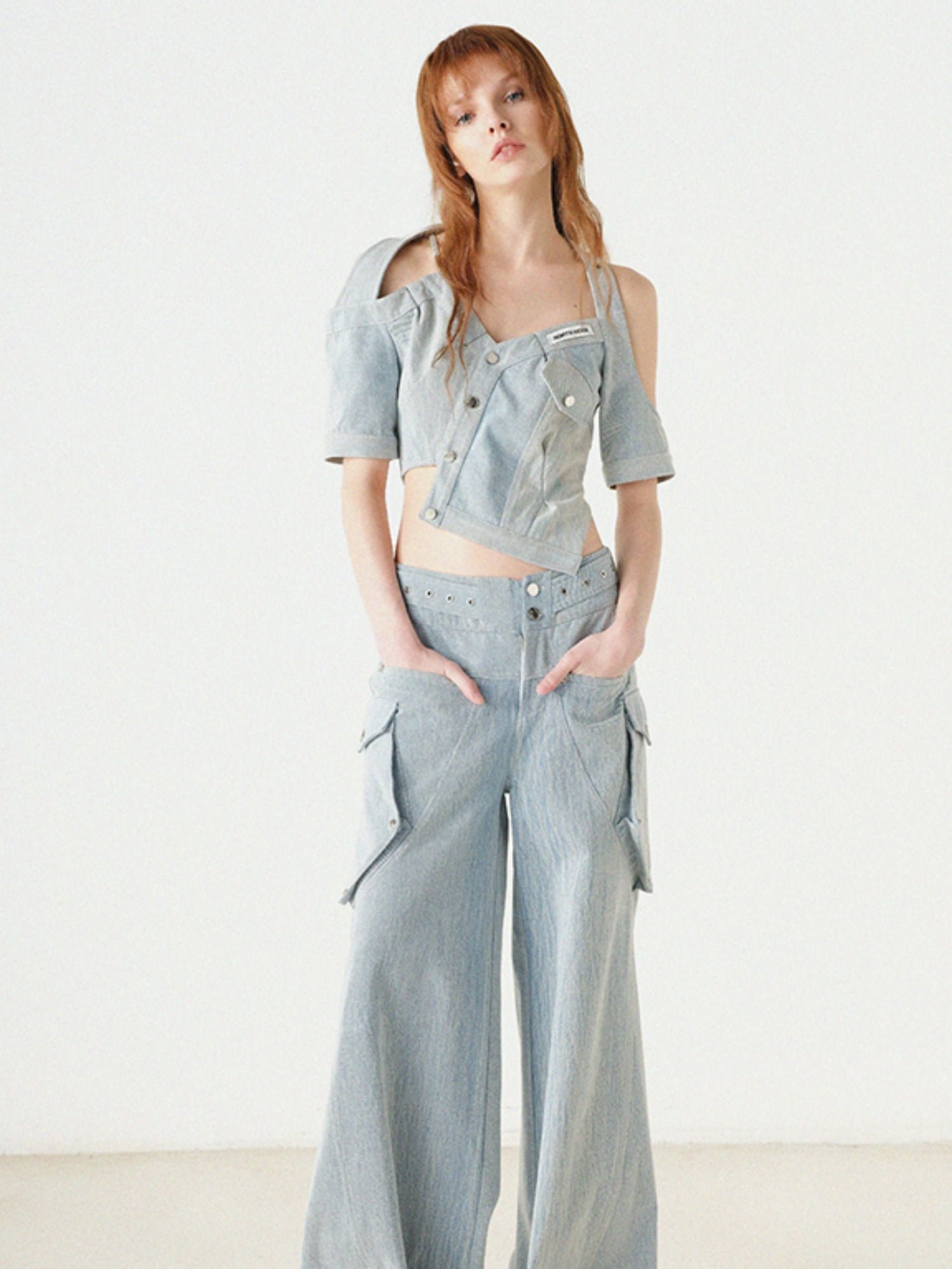 Denim-Asymmetrie-Halfter-Neck-Top-Top