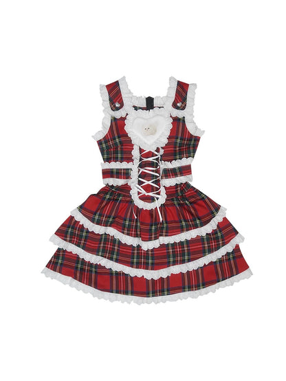 Plaid Cat Print Lace Suspender Dress