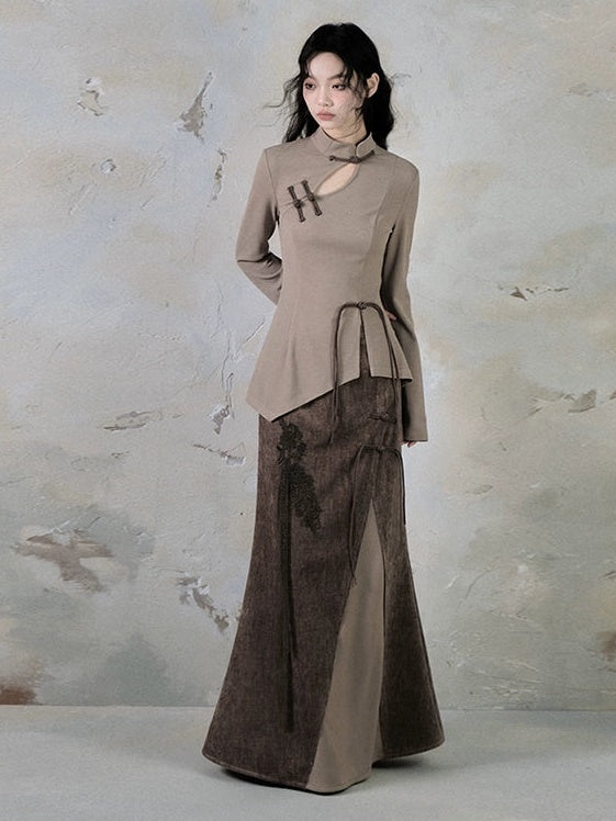 Chinese Style Cut-out Mao Collar Top ＆ Spliced Maxi Skirt