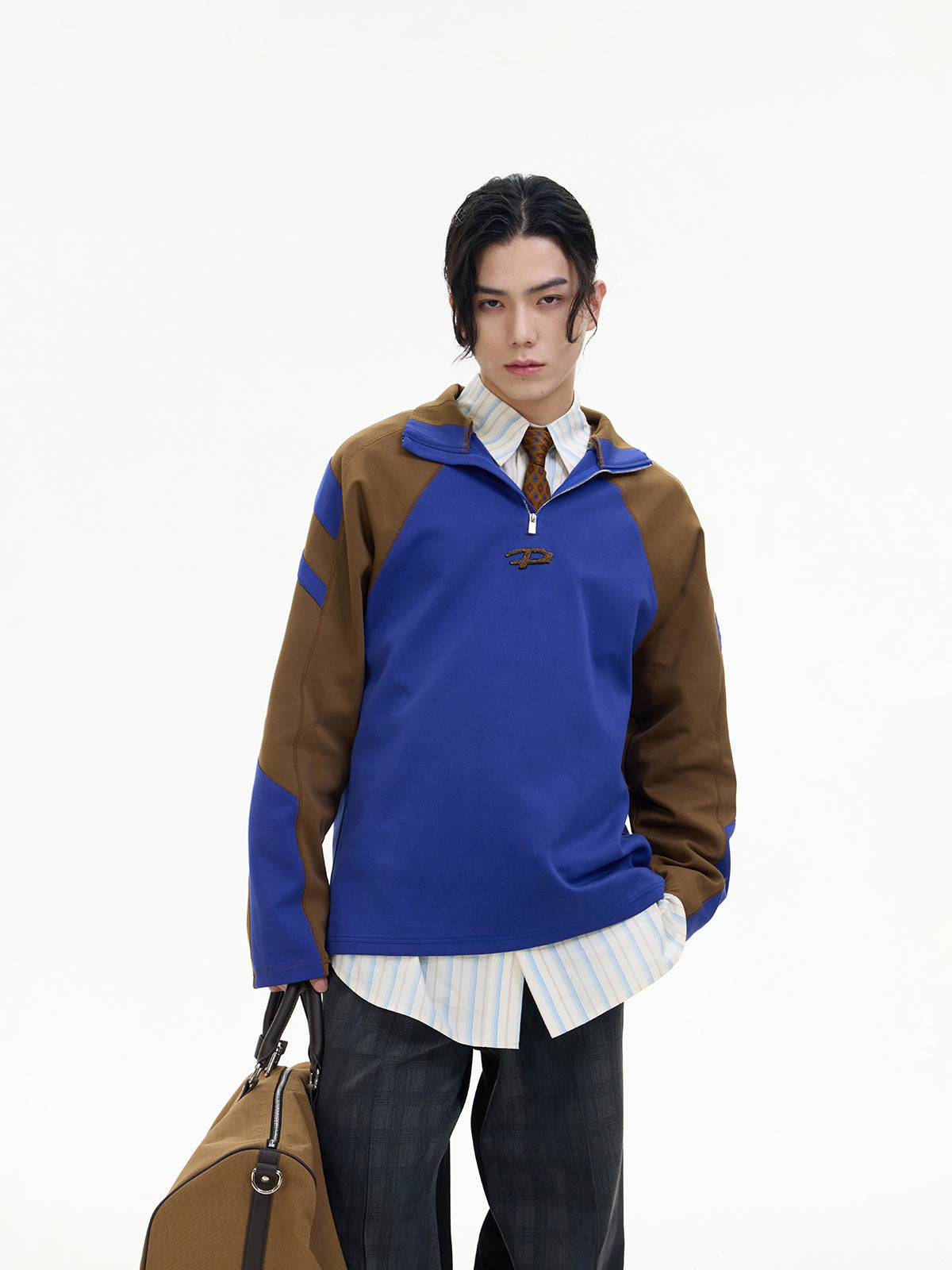 Color Contrast Half-Zipper Loose Pullover