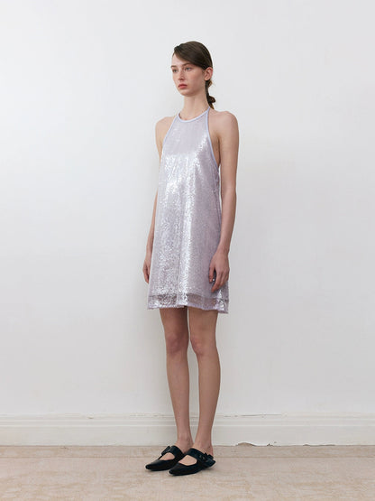 Pearlescent Three-dimensional Sequin Halter Neck Dress