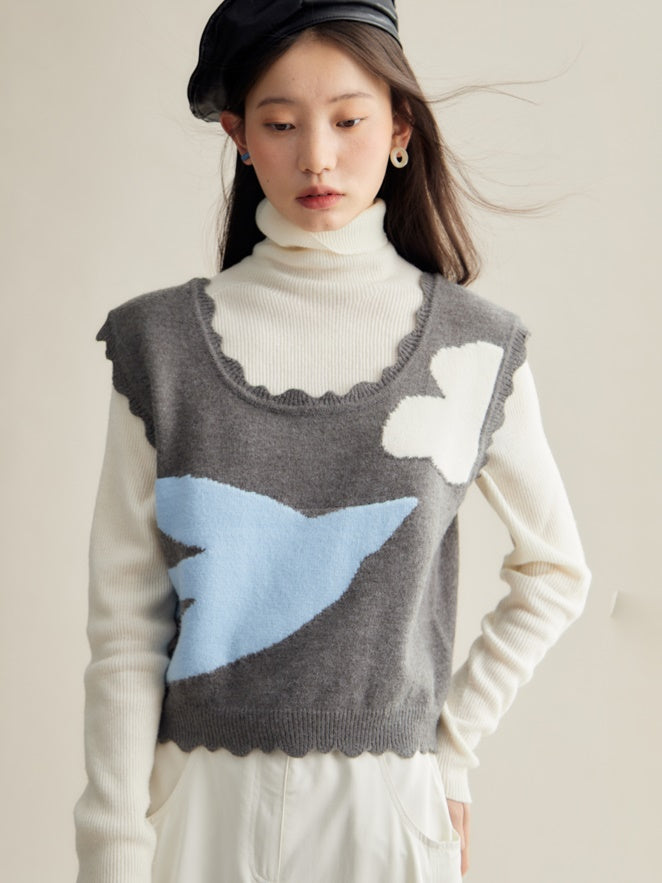 Frill Edge Bird Design Knitted Vest