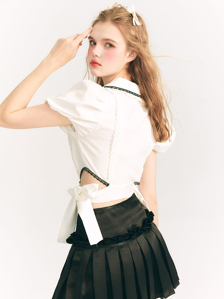 Side Ribbon Doll Collar Puff Sleeve Shirt