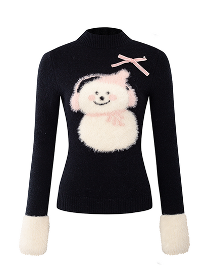 Snowman Splicing Fur Bottle-neck Slim Sweater