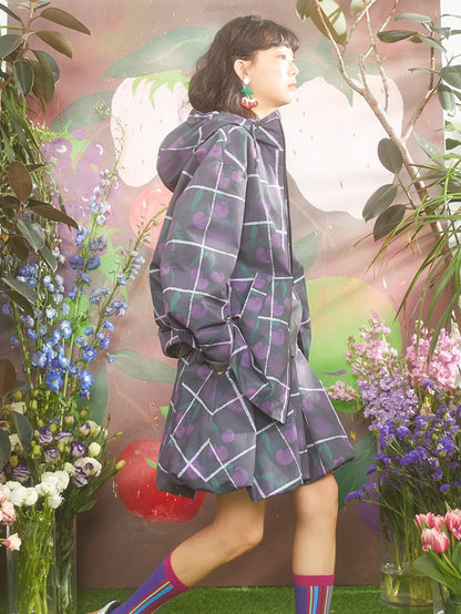 Gradient Cherry Plaid Printed Hooded Windbreaker Jacket &amp; Flower Bud Skirt