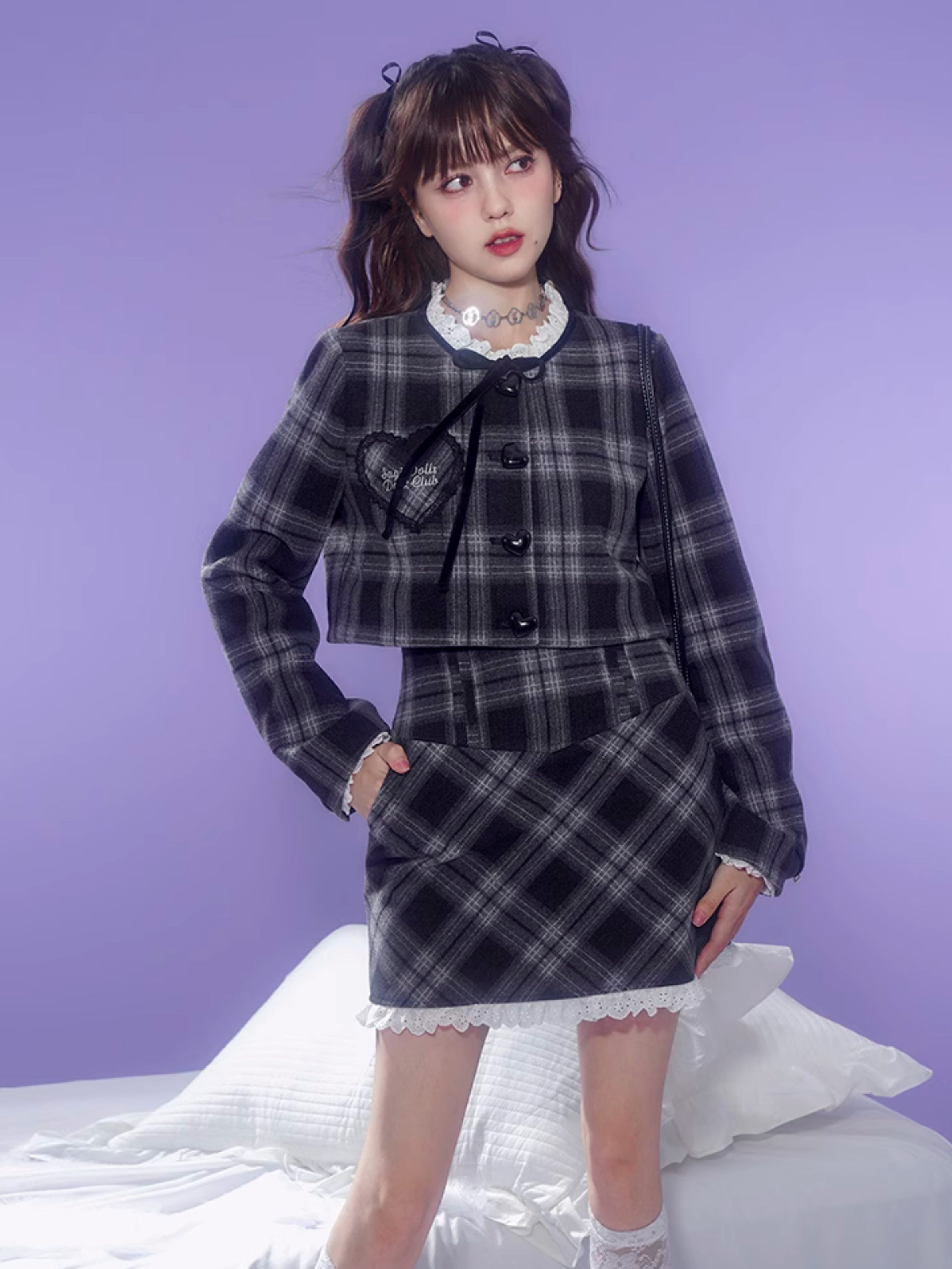 Checkered Lace Stitch No-Collar Jacket ＆ A-Line Skirt