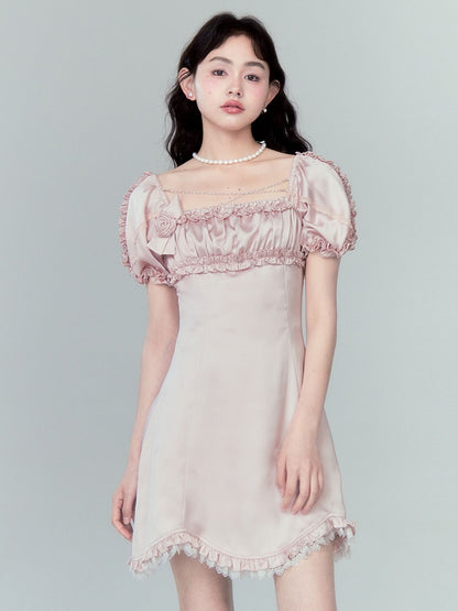 Beaded Chain Frill Decoration Puff Sleeve Dress