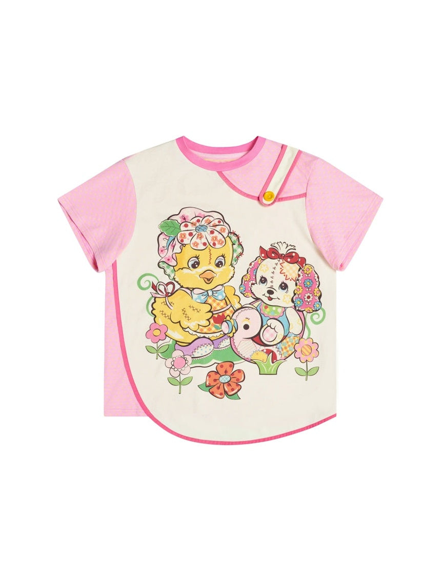 Duckling And Dog Print Stitching Fake Layered T-shirt