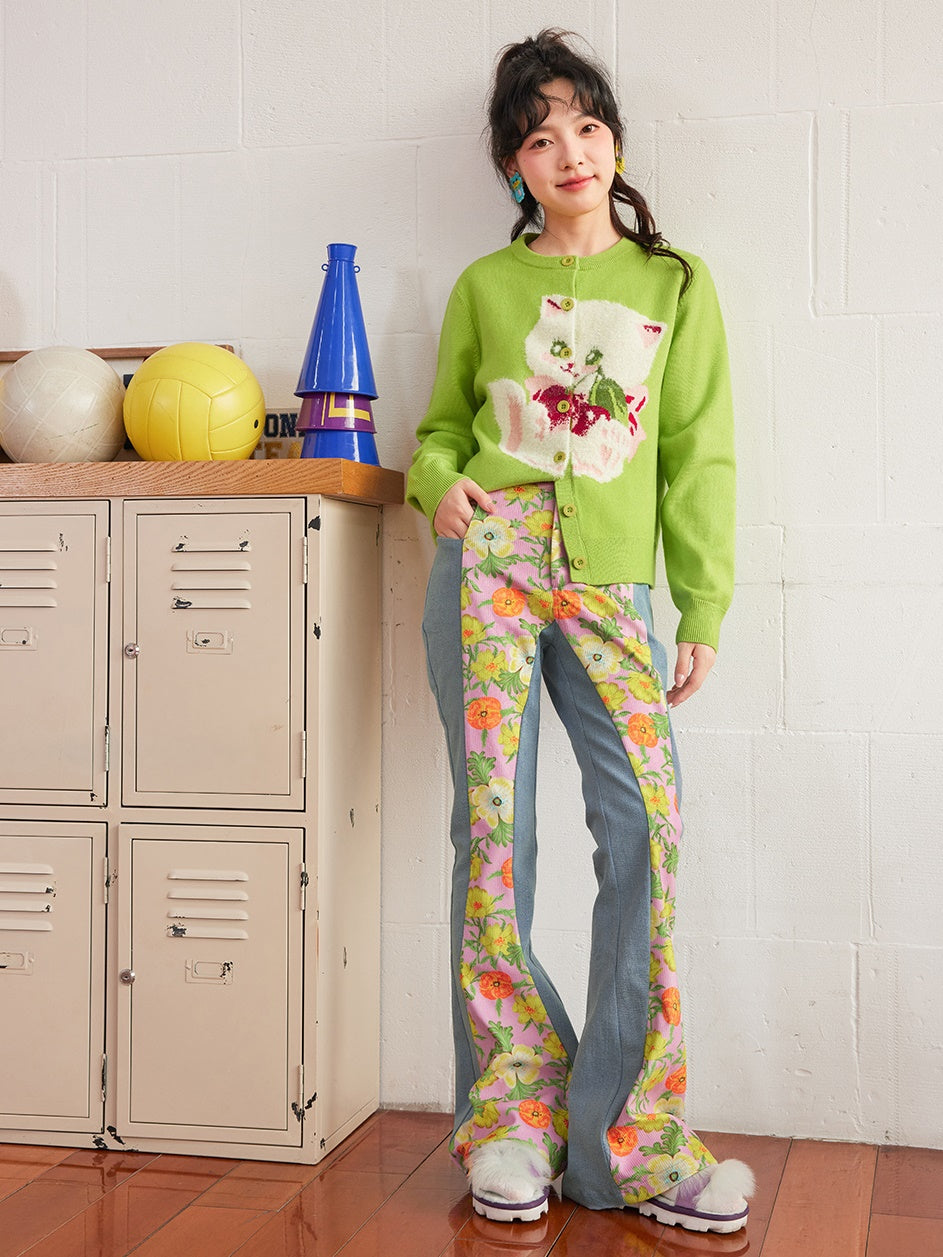 Patchwork Floral Stretch Denim Flared Pants