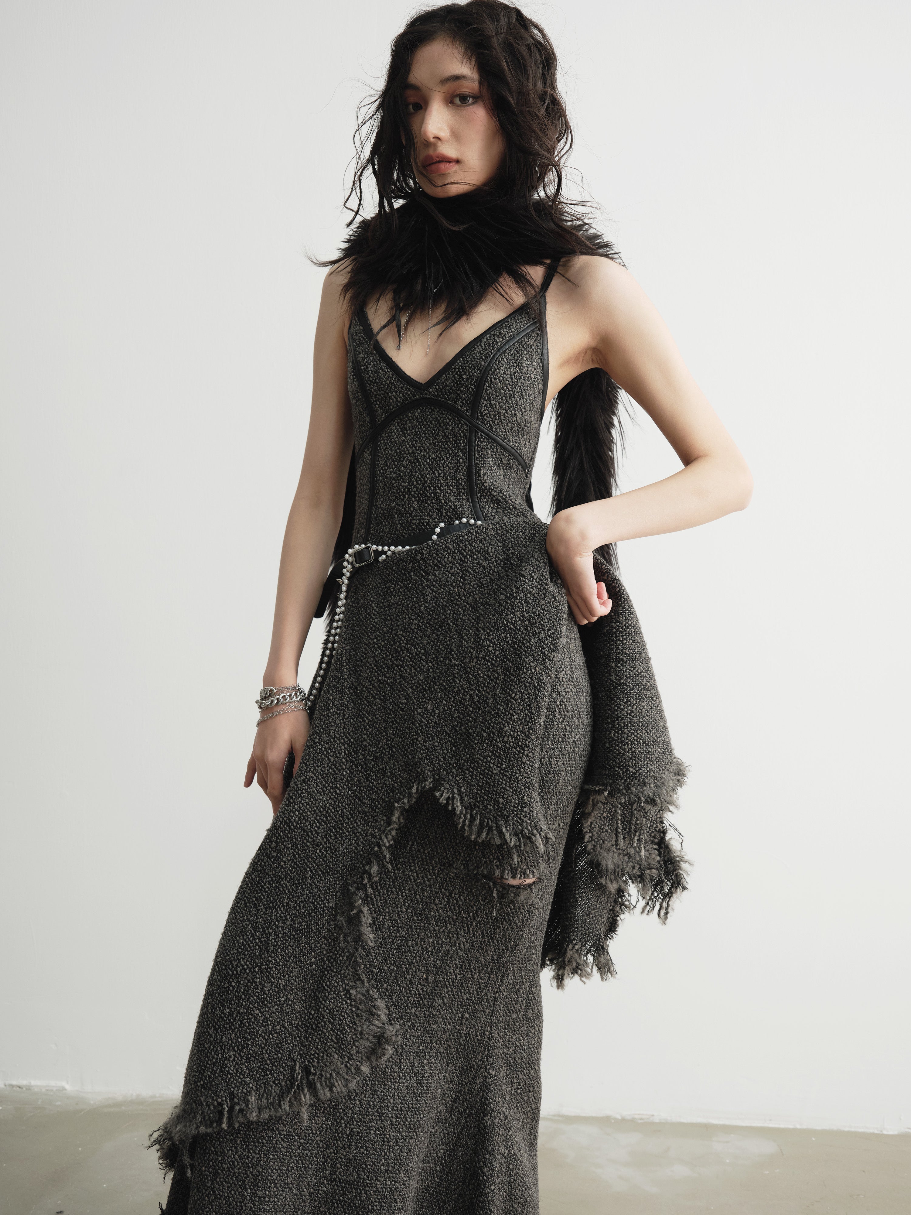 Damaged Raw Edge Tassel Suspender Irregular Dress