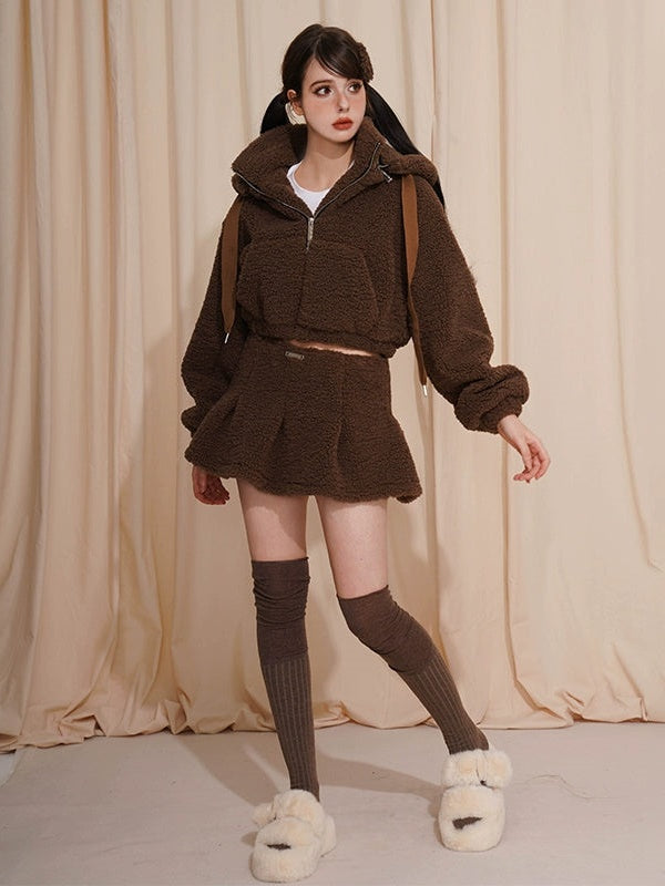 Plush Boa Loose Hooded Jacket &amp; Skirt