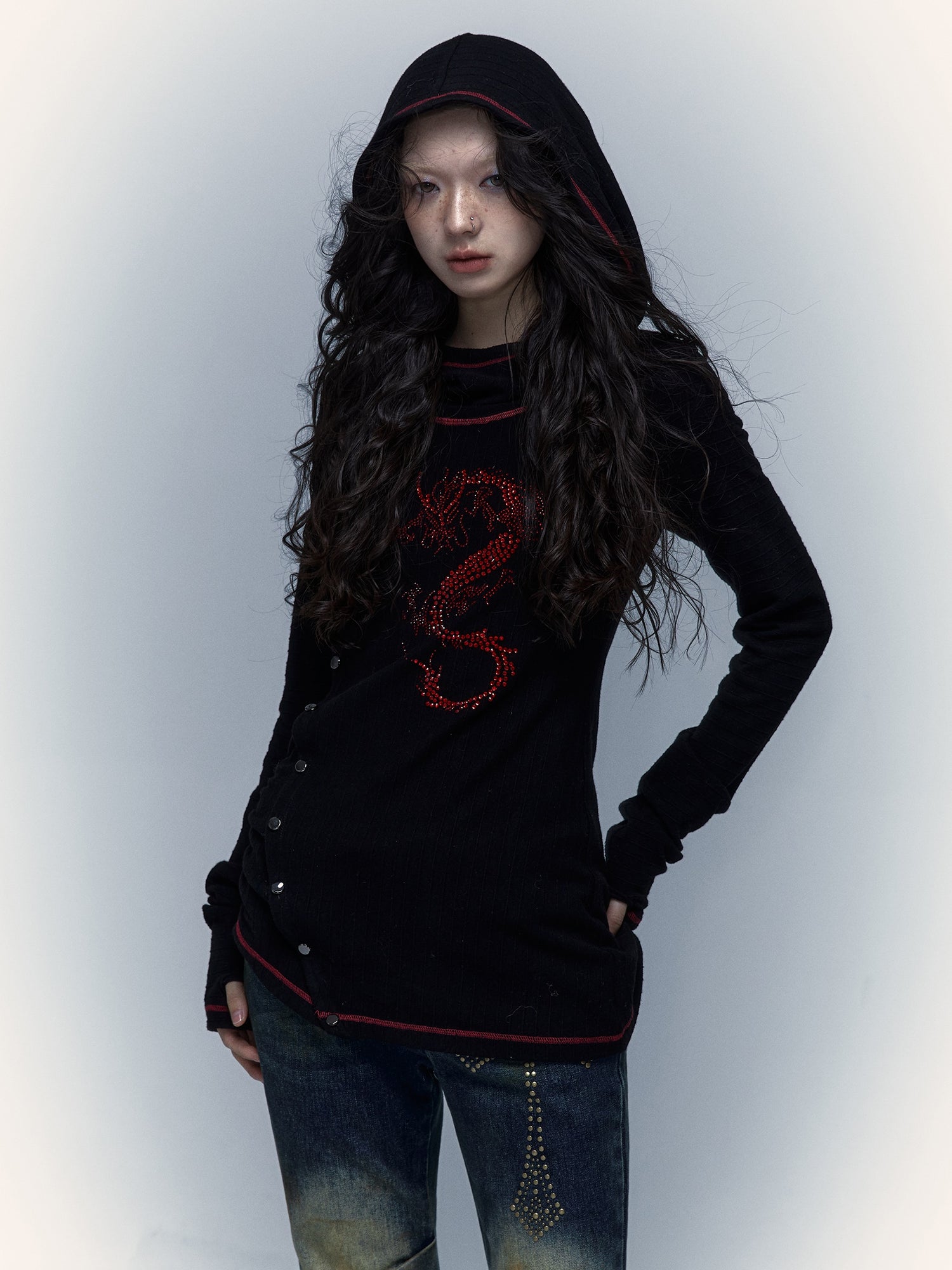 Rhinestone Hooded Slim Stretch T-shirt