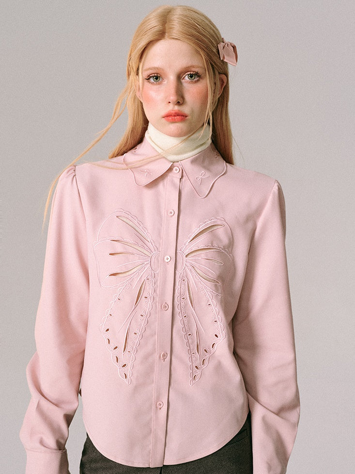 Bow Cut-out Embroidered Long-sleeved Shirt