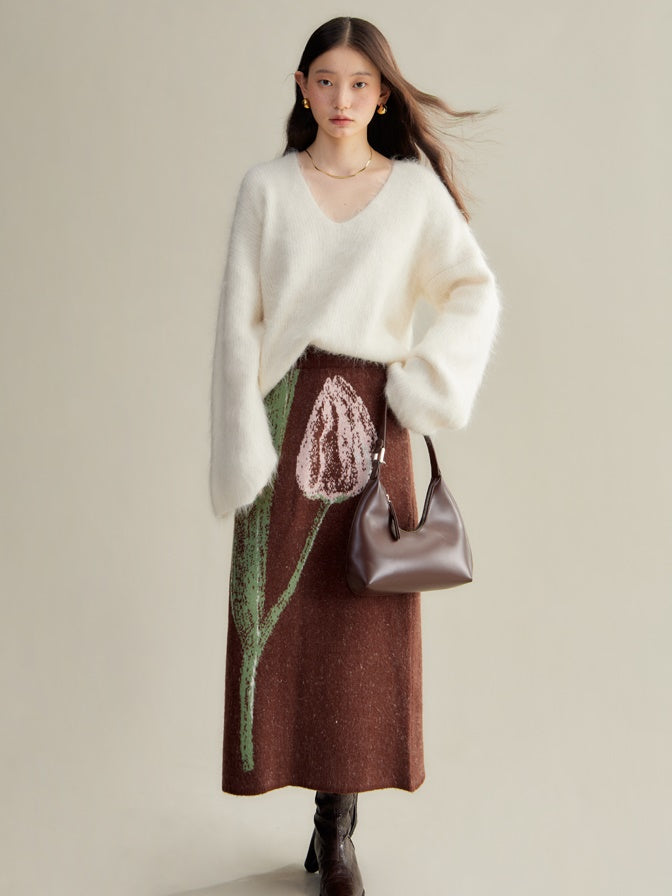 Tulip Contrasting Color Knitted Cardigan &amp; Skirt