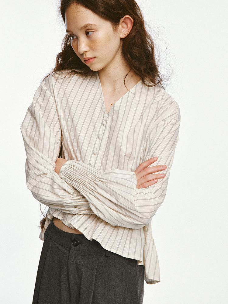 Embroidered Cuffs Striped V-neck Shirt