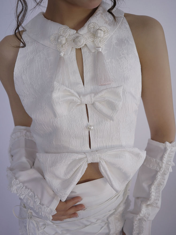 Ribbon Embroidery Arm-Cover Frill Body-Suit