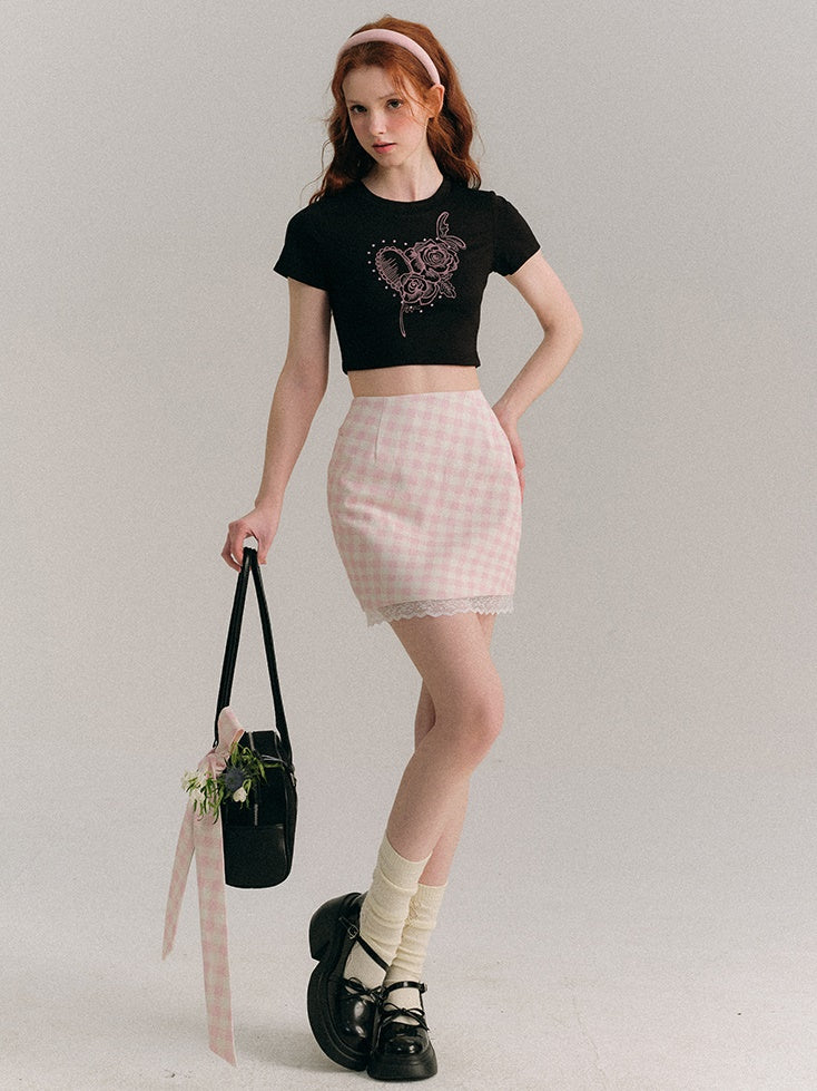 Plaid Lace Stitch A-Line Mini Skirt