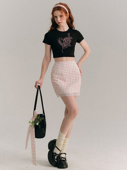 Plaid Lace Hip-hugging Skirt