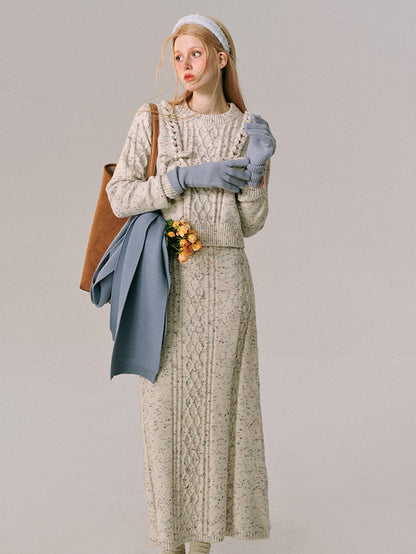 Braid Color Dot Knitted Sweater &amp; Long Skirt