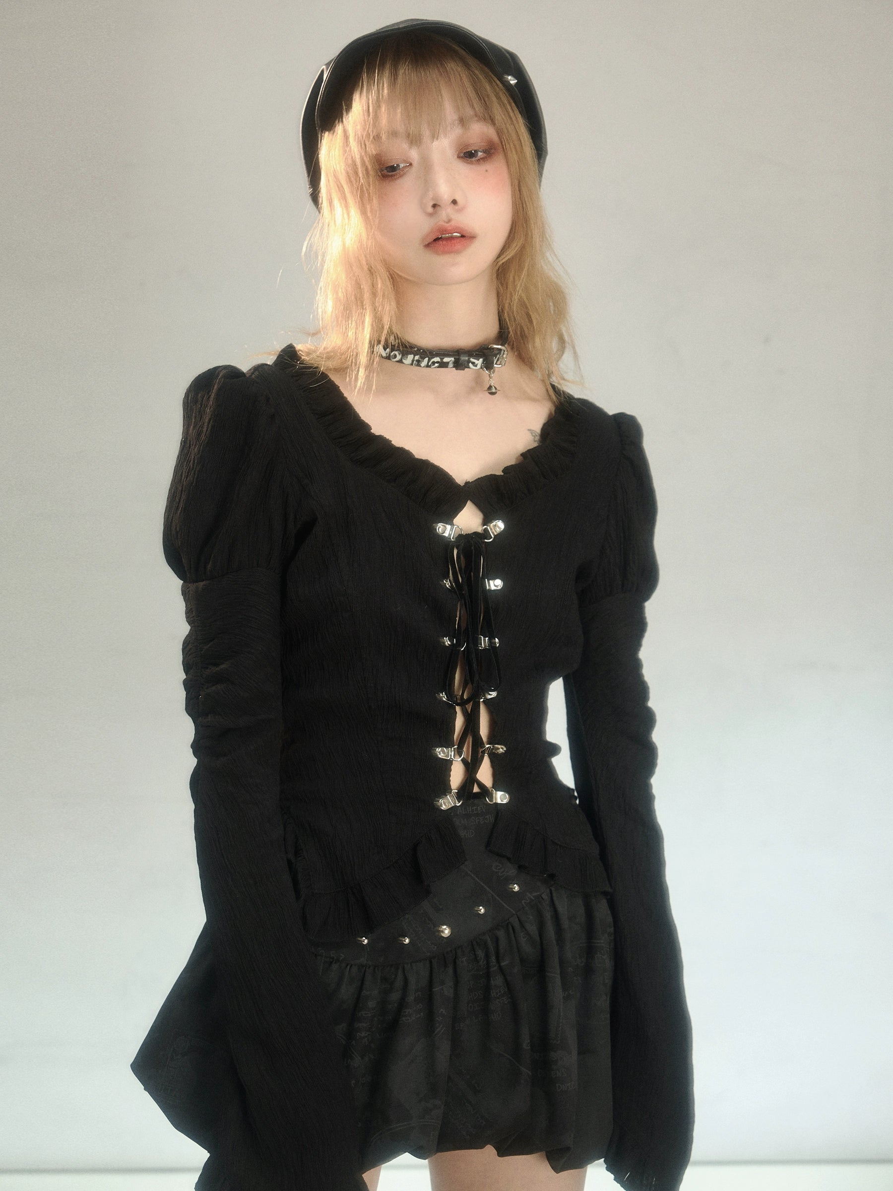 Lace-Up Slim Fit Ruffled Bell Sleeve Shirt