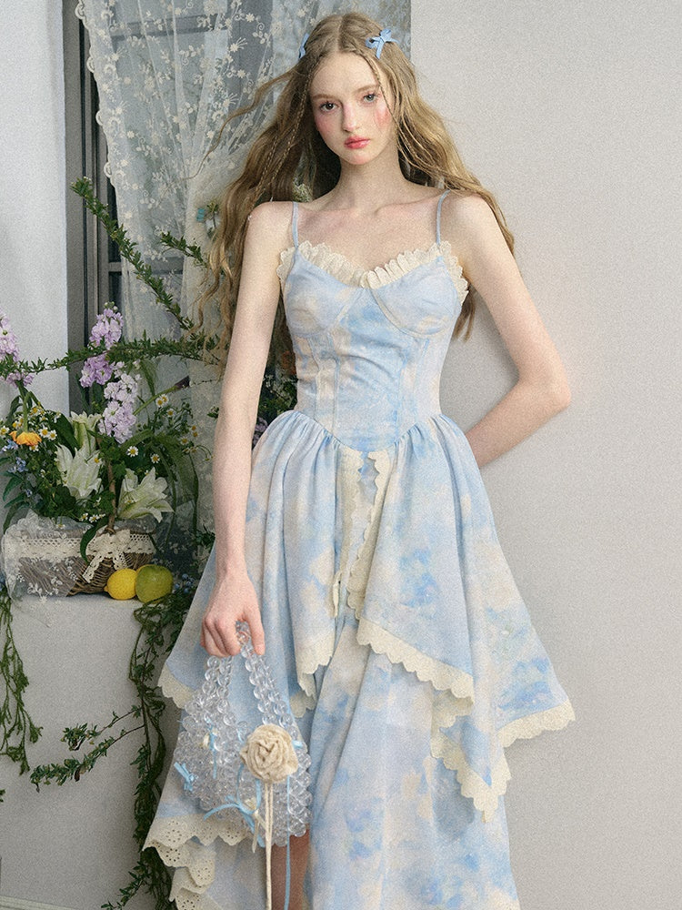 Oil Painting Floral French Suspender Dress