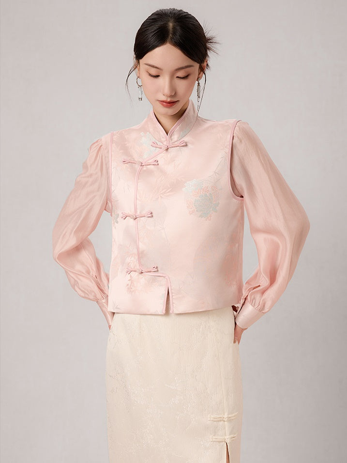 Chinese Style Jacquard Stand Collar Vest ＆ Sheer Top Set-up