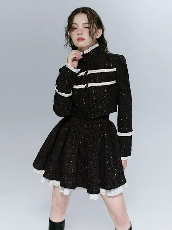 Tweed Stand-Collar Cropped Jacket ＆ Lace Stitch Short Pleated Skirt